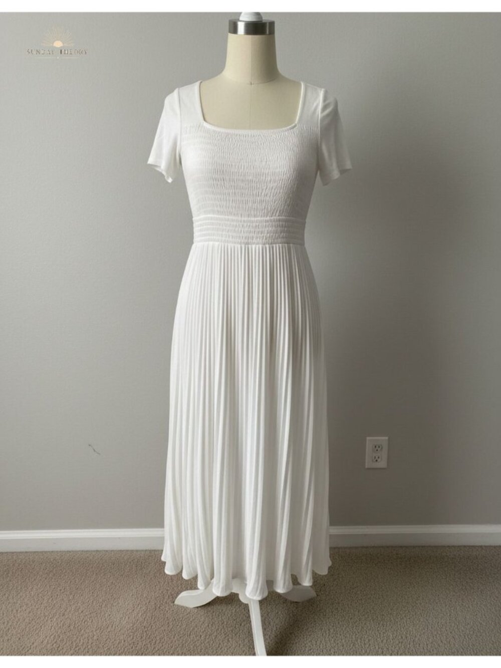 Pleated Midi Sweater Dress Square Neck Short Sleeve A-Line Wedding Guest